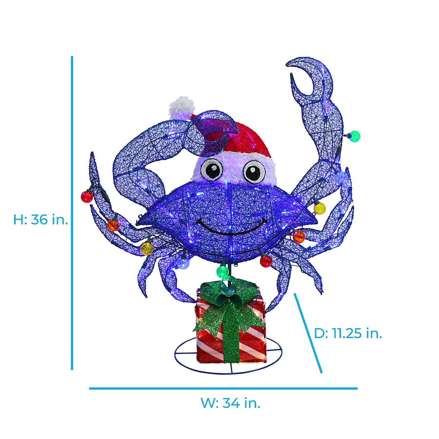 Purple Crab Holiday Yard Display with Multicolor Twinkle Lights and Santa Hat for Porches and Patios