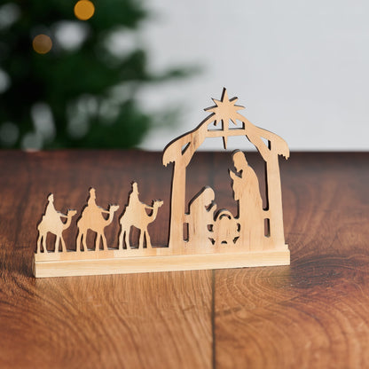 Hand Cut Pine Nativity Scene with a Praying Holy Family and Three Wise Men on Camels