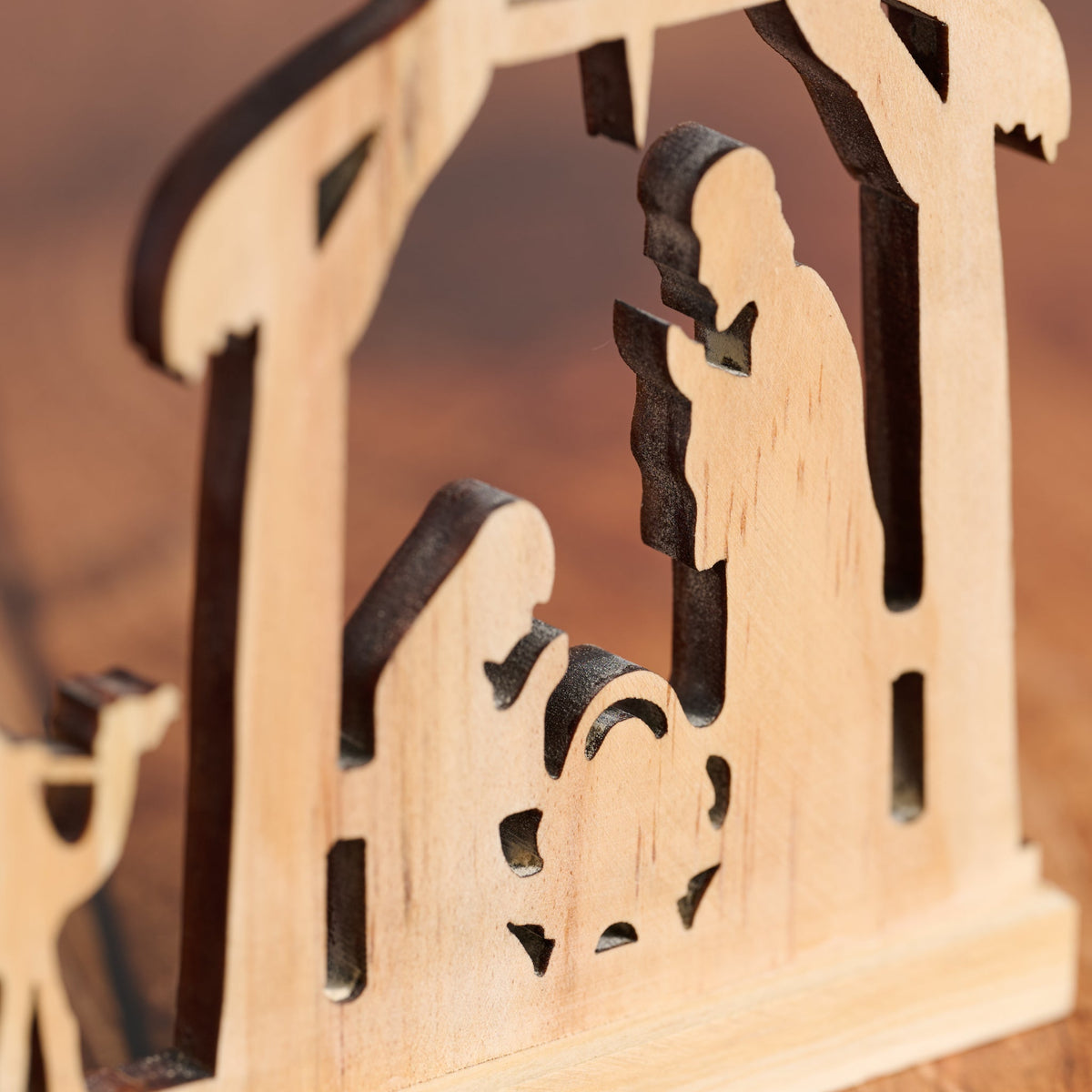 Hand Cut Pine Nativity Scene with a Praying Holy Family and Three Wise Men on Camels