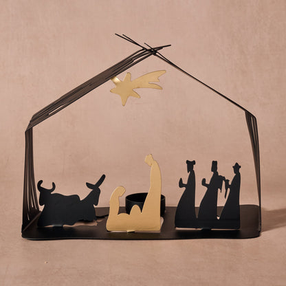 Black Iron Nativity Silhouette with Soldered Corners, Gold Star and a Single Tea Light Cup