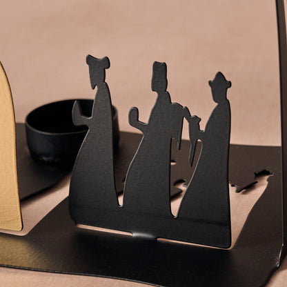 Black Iron Nativity Silhouette with Soldered Corners, Gold Star and a Single Tea Light Cup