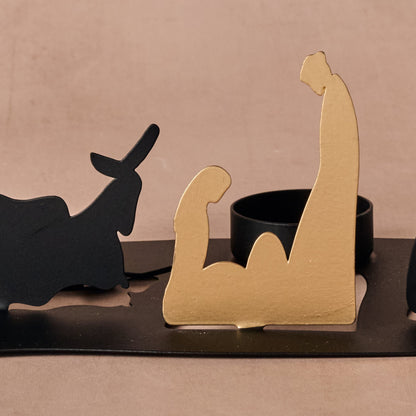 Black Iron Nativity Silhouette with Soldered Corners, Gold Star and a Single Tea Light Cup