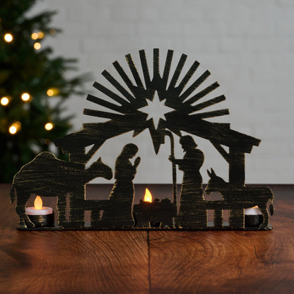 Nativity Silhouette Candleholder with Three Tealight Cups, Camel and Donkey in Black Iron