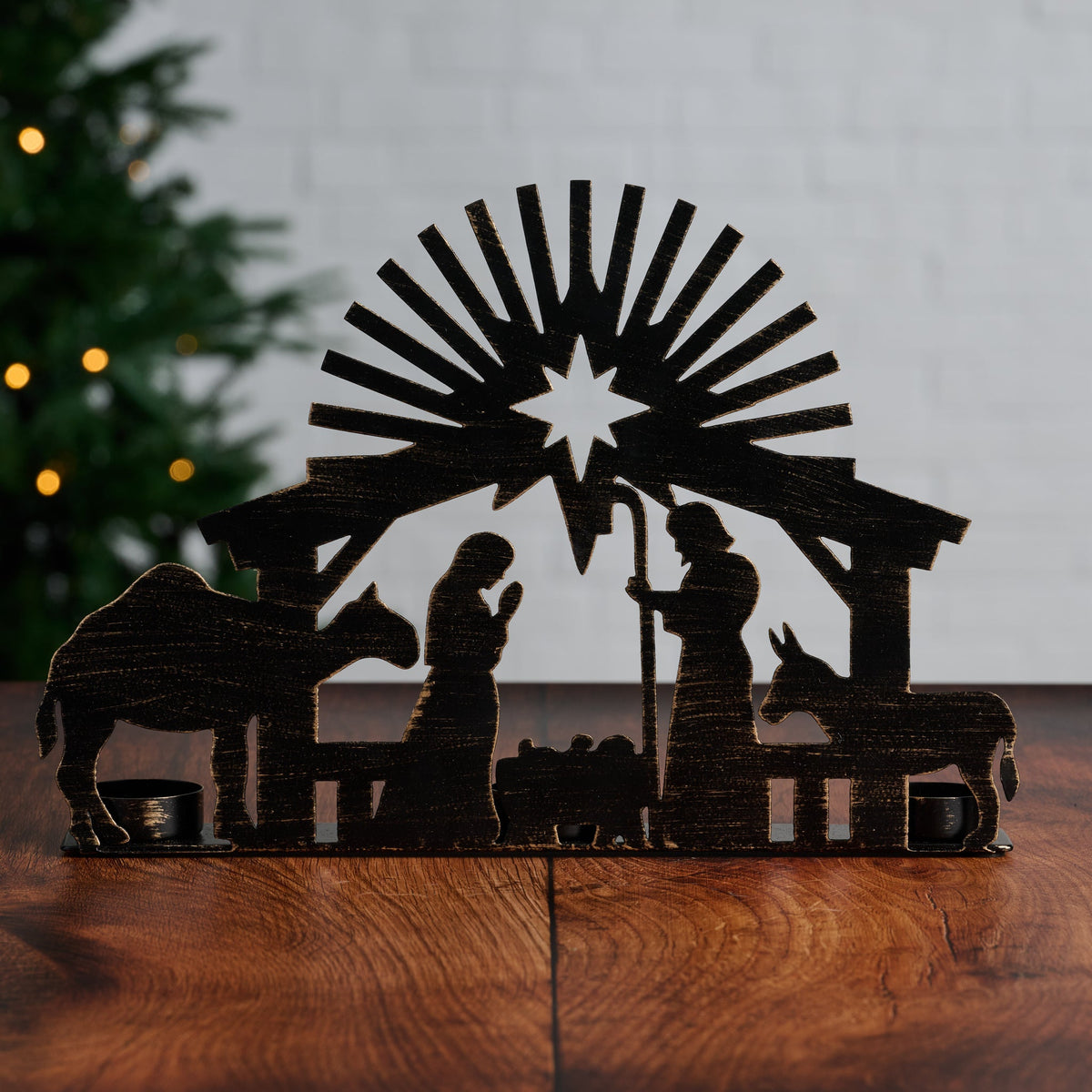 Nativity Silhouette Candleholder with Three Tealight Cups, Camel and Donkey in Black Iron