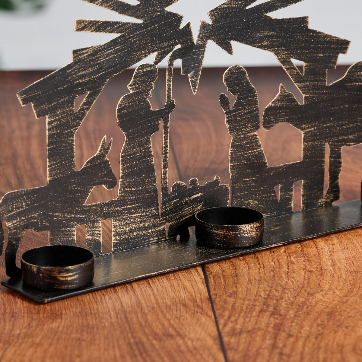Nativity Silhouette Candleholder with Three Tealight Cups, Camel and Donkey in Black Iron