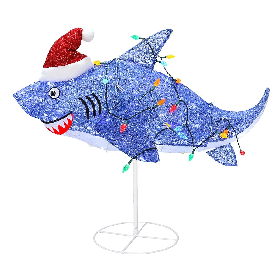 Sparkly Purple Shark Holiday Yard Display with Twinkling Lights C6 Bulbs and Santa Hat for Lawns