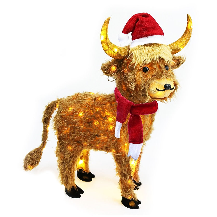 Shaggy Highland Cow Holiday Yard Display with Warm White Lights Red Scarf and Santa Hat