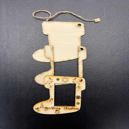 Photo Holding Wood Stocking Ornament Offered as an Unfinished Paint Kit or a Ready Painted and Assembled Piece