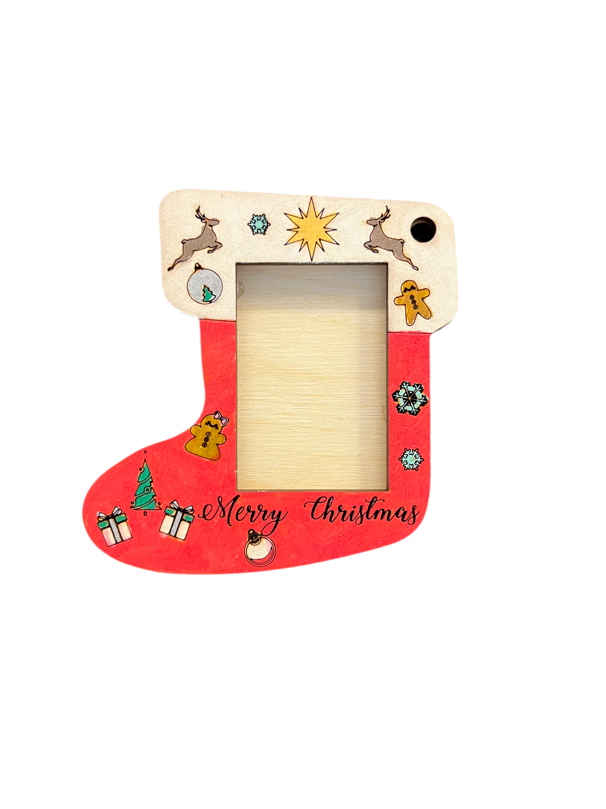 Photo Holding Wood Stocking Ornament Offered as an Unfinished Paint Kit or a Ready Painted and Assembled Piece