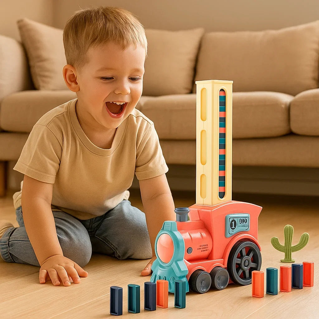 Domino Laying Train Toy in Blue Or Pink Sets with 60 Dominoes and Extra Domino Packs