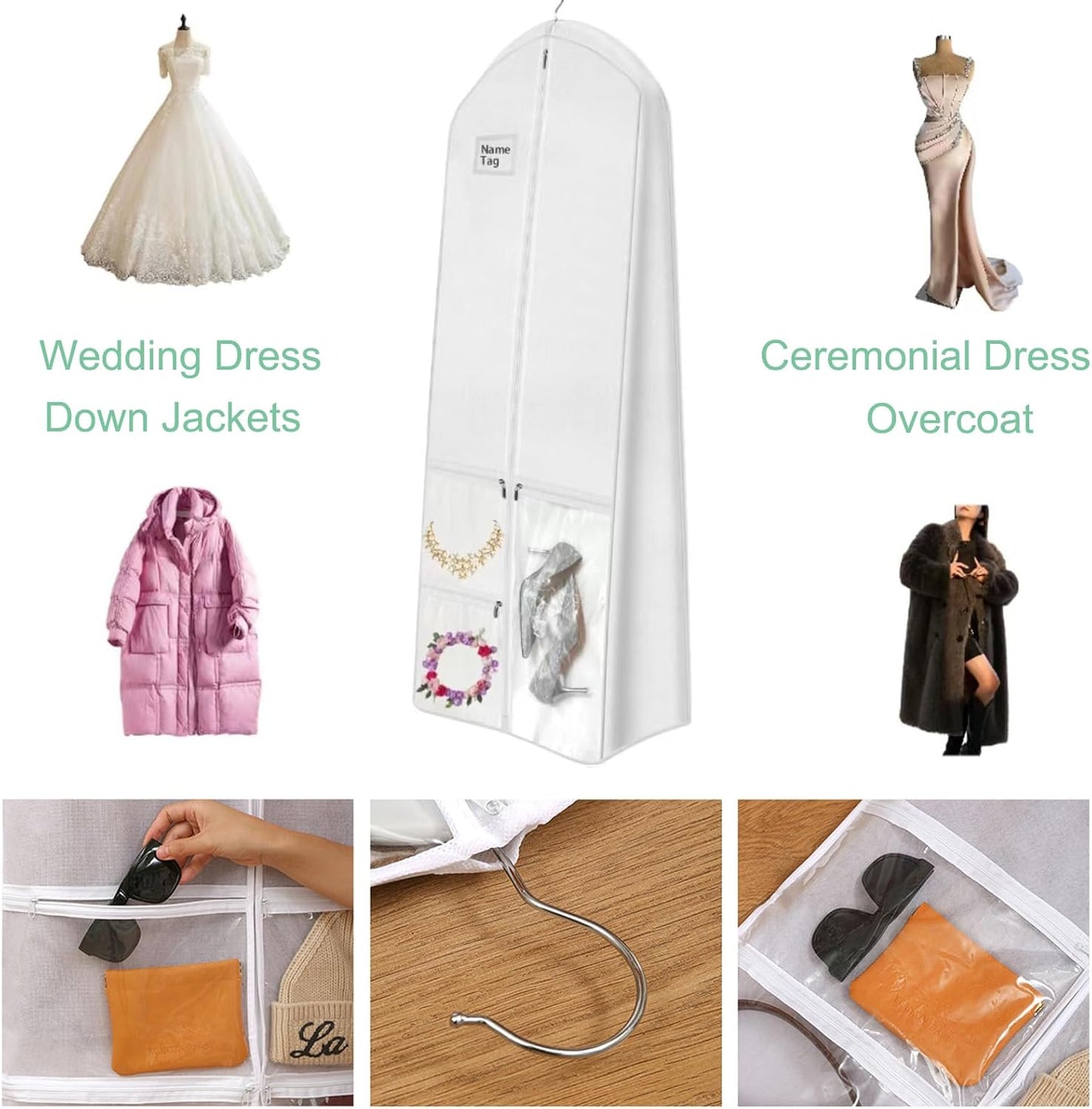 Garment Bag for Wedding Dresses with Water Resistant Fabric and Clear Pockets, 70 Inch Capacity