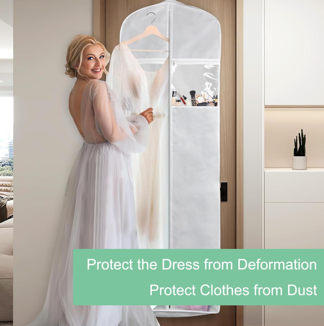 Garment Bag for Wedding Dresses with Water Resistant Fabric and Clear Pockets, 70 Inch Capacity