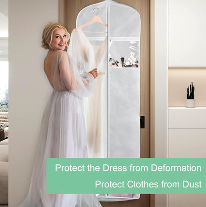 Garment Bag for Wedding Dresses with Water Resistant Fabric and Clear Pockets, 70 Inch Capacity