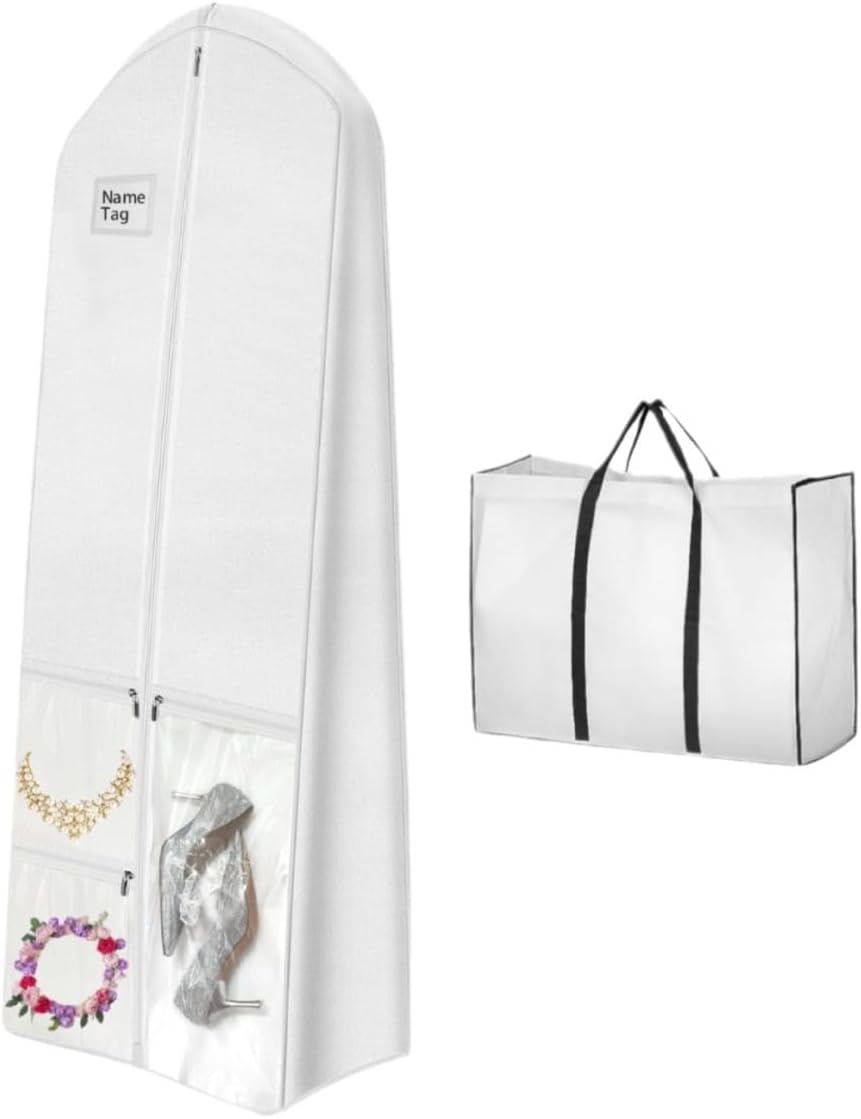 Garment Bag for Wedding Dresses with Water Resistant Fabric and Clear Pockets, 70 Inch Capacity