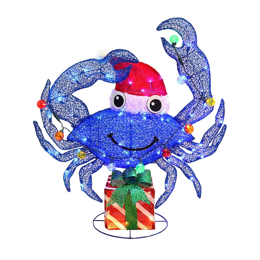 Purple Crab Holiday Yard Display with Multicolor Twinkle Lights and Santa Hat for Porches and Patios