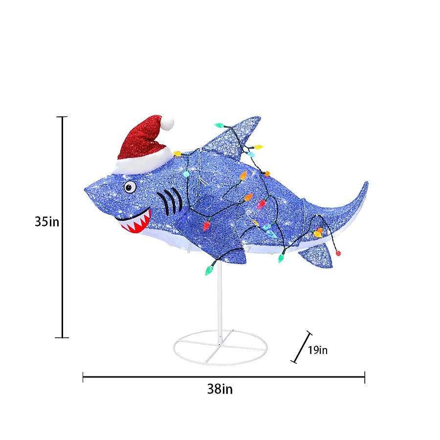 Sparkly Purple Shark Holiday Yard Display with Twinkling Lights C6 Bulbs and Santa Hat for Lawns