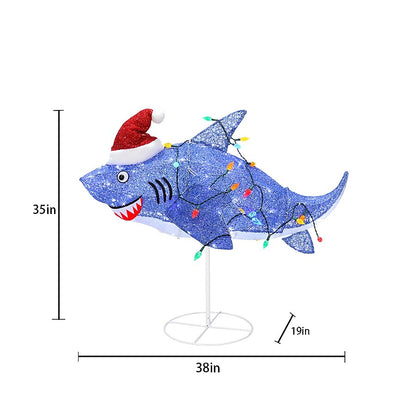 Sparkly Purple Shark Holiday Yard Display with Twinkling Lights C6 Bulbs and Santa Hat for Lawns