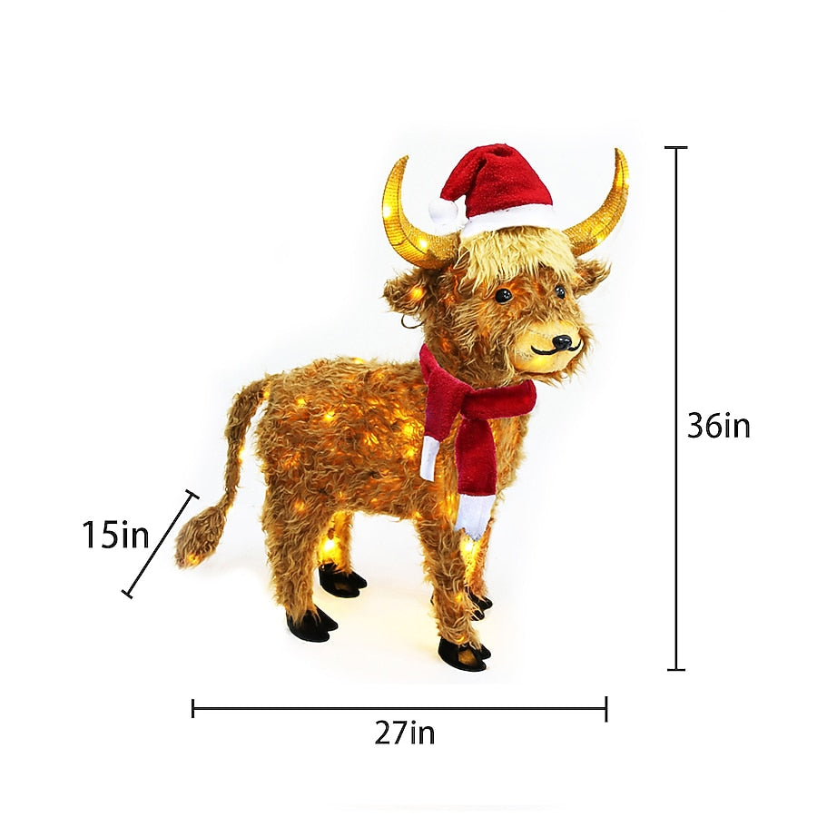 Shaggy Highland Cow Holiday Yard Display with Warm White Lights Red Scarf and Santa Hat