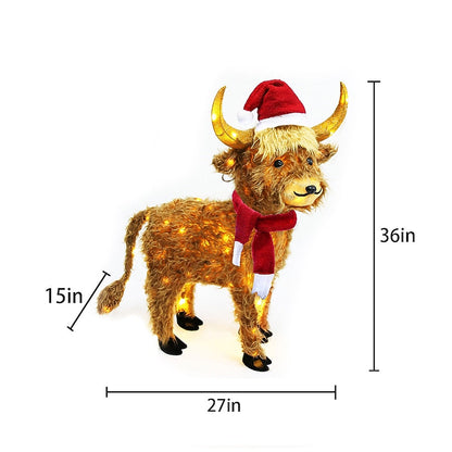 Shaggy Highland Cow Holiday Yard Display with Warm White Lights Red Scarf and Santa Hat