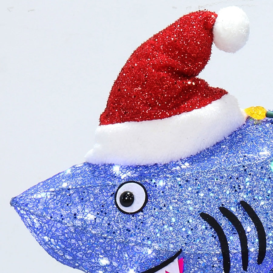 Sparkly Purple Shark Holiday Yard Display with Twinkling Lights C6 Bulbs and Santa Hat for Lawns