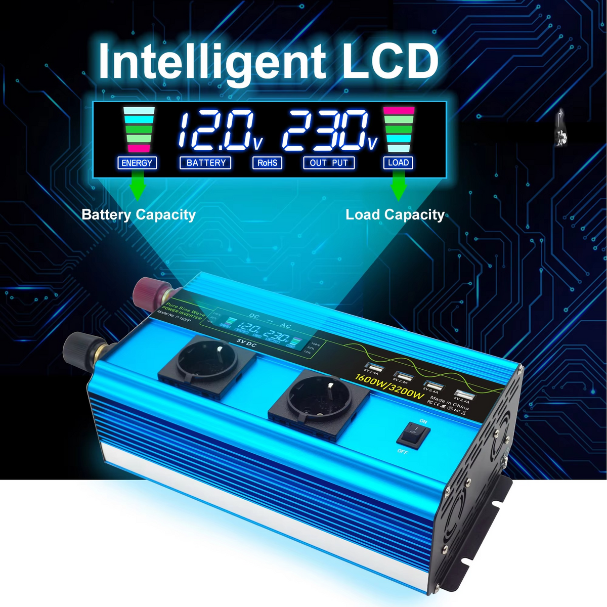 4000W Pure Sine Wave Inverter Converting 12V or 24V DC to 110V AC for Vehicles and Solar