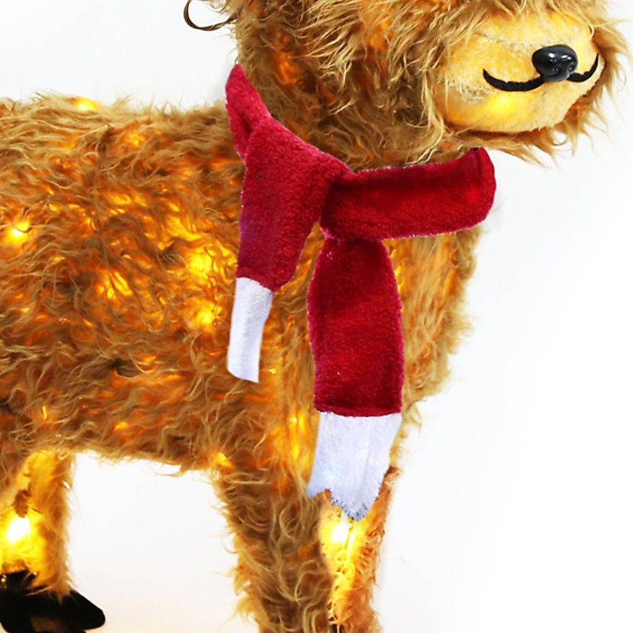 Shaggy Highland Cow Holiday Yard Display with Warm White Lights Red Scarf and Santa Hat
