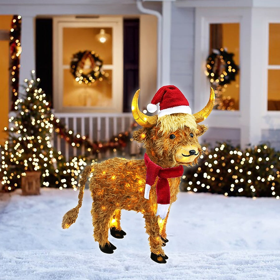 Shaggy Highland Cow Holiday Yard Display with Warm White Lights Red Scarf and Santa Hat
