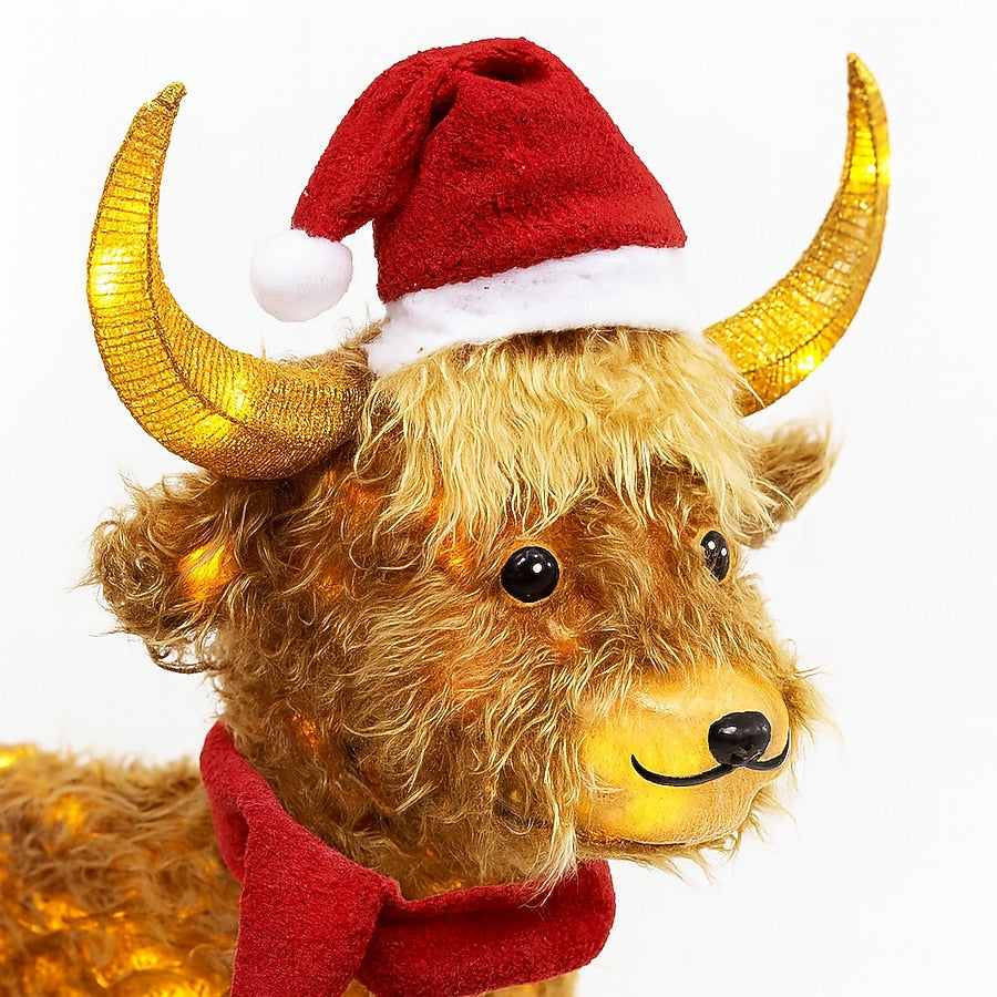 Shaggy Highland Cow Holiday Yard Display with Warm White Lights Red Scarf and Santa Hat