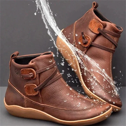 Brown Leather Ankle Boots with Orthopedic Footbed and Lace Closure, Water Resistant