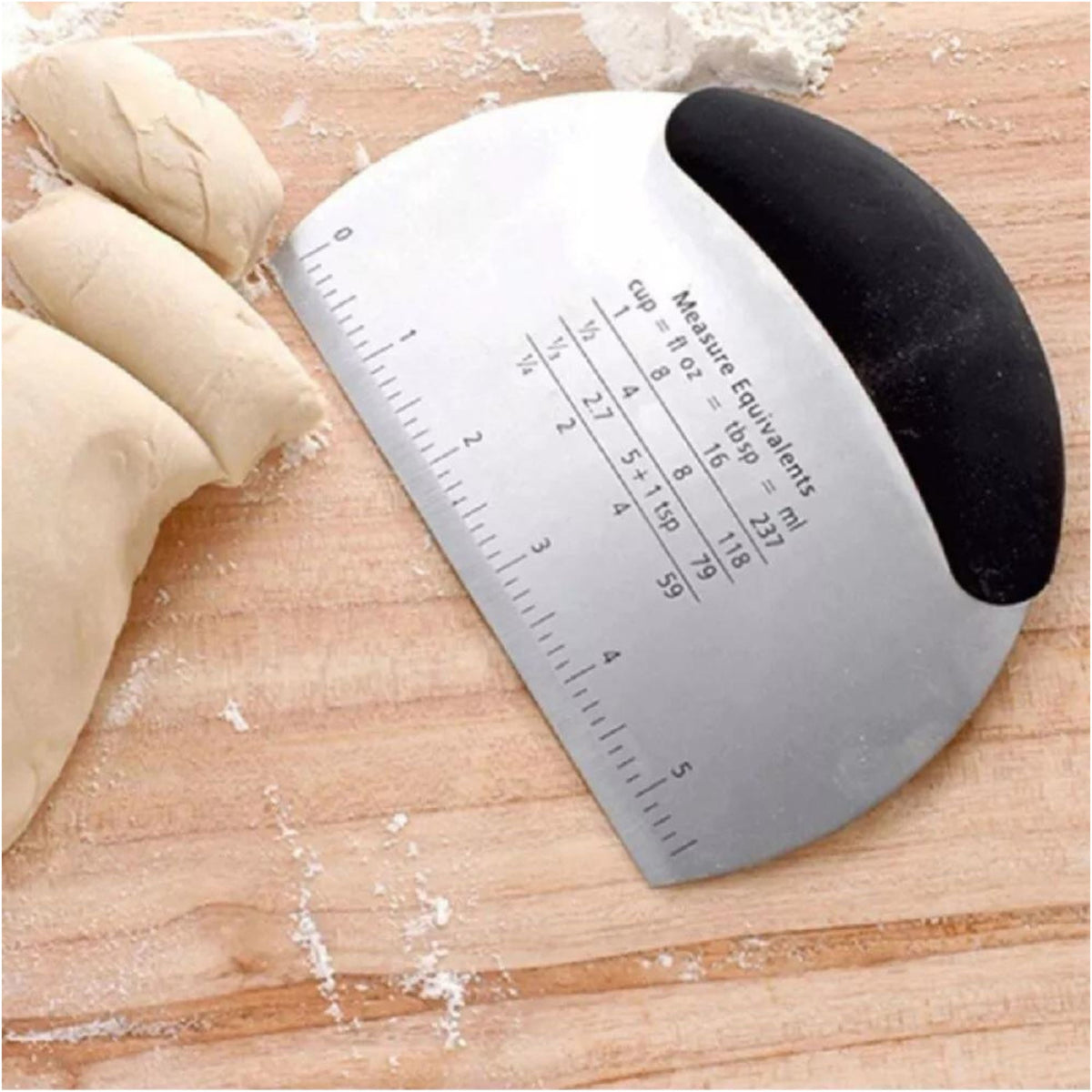 Stainless Steel Dough Scraper with Etched Measurement Markings and Textured Grip