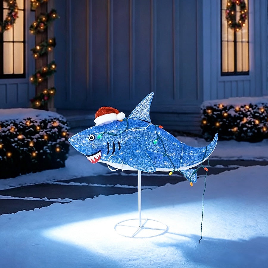 Sparkly Purple Shark Holiday Yard Display with Twinkling Lights C6 Bulbs and Santa Hat for Lawns
