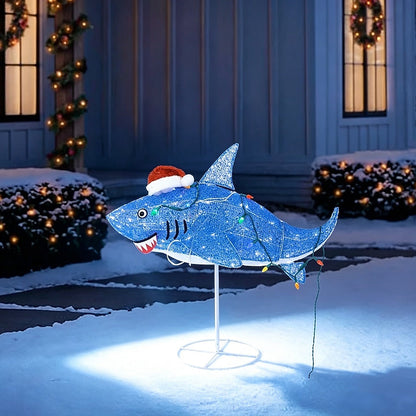 Sparkly Purple Shark Holiday Yard Display with Twinkling Lights C6 Bulbs and Santa Hat for Lawns
