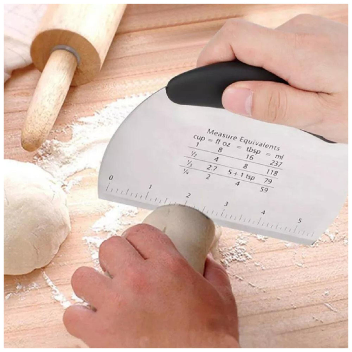 Stainless Steel Dough Scraper with Etched Measurement Markings and Textured Grip