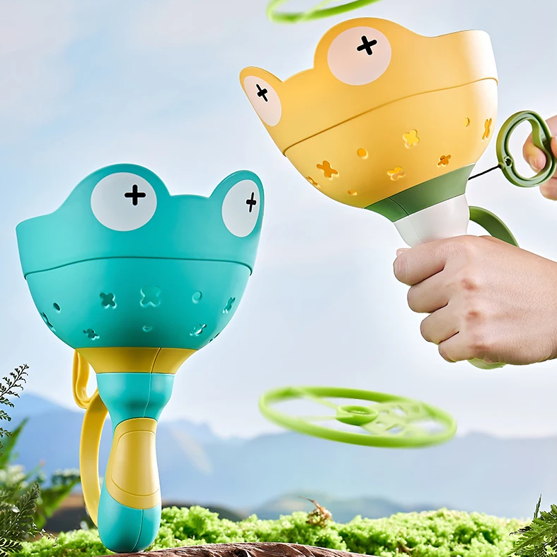 Pull String Flying Propeller Toy Set with 6 Propellers and Frog Shaped Launcher