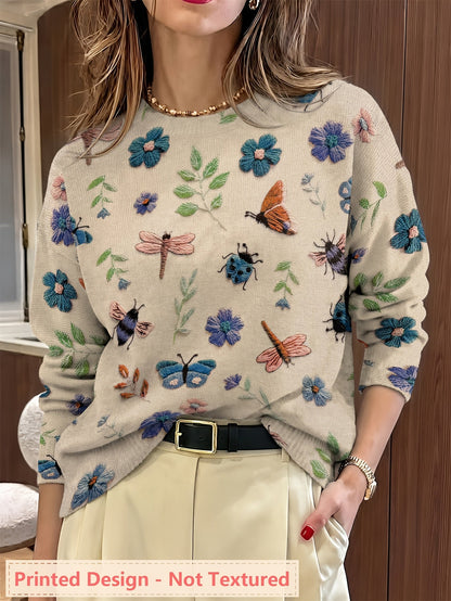 Womens Floral Crewneck Sweater with Botanical Print and Relaxed Fit