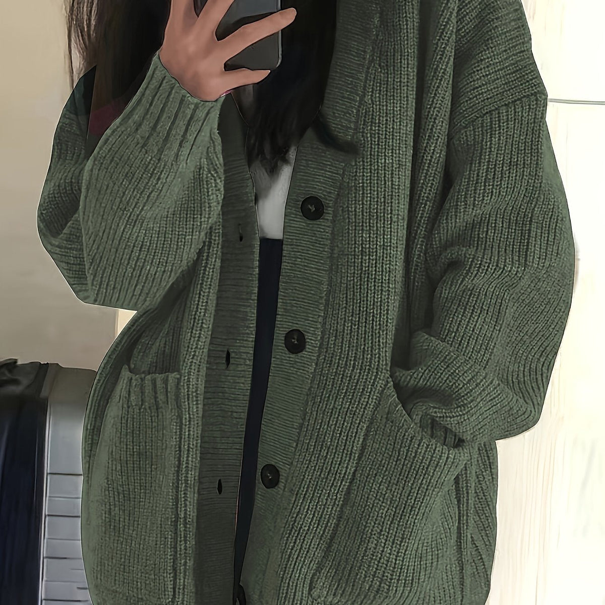 Chunky Ribbed Knit Cardigan with Button Front and Dual Front Pockets