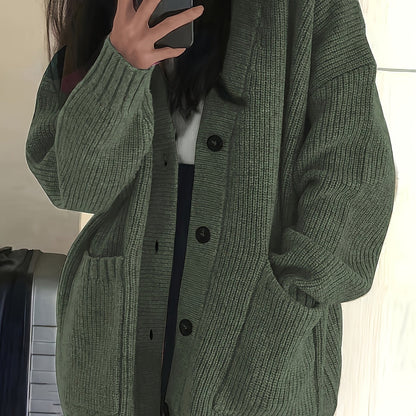 Chunky Ribbed Knit Cardigan with Button Front and Dual Front Pockets