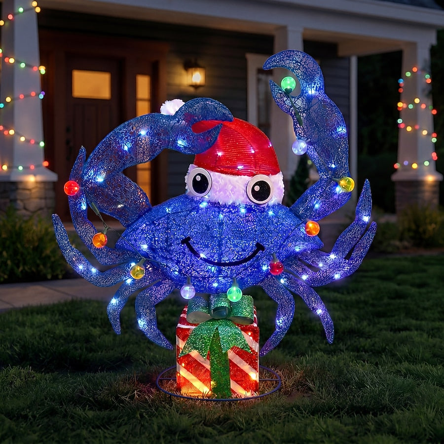 Purple Crab Holiday Yard Display with Multicolor Twinkle Lights and Santa Hat for Porches and Patios