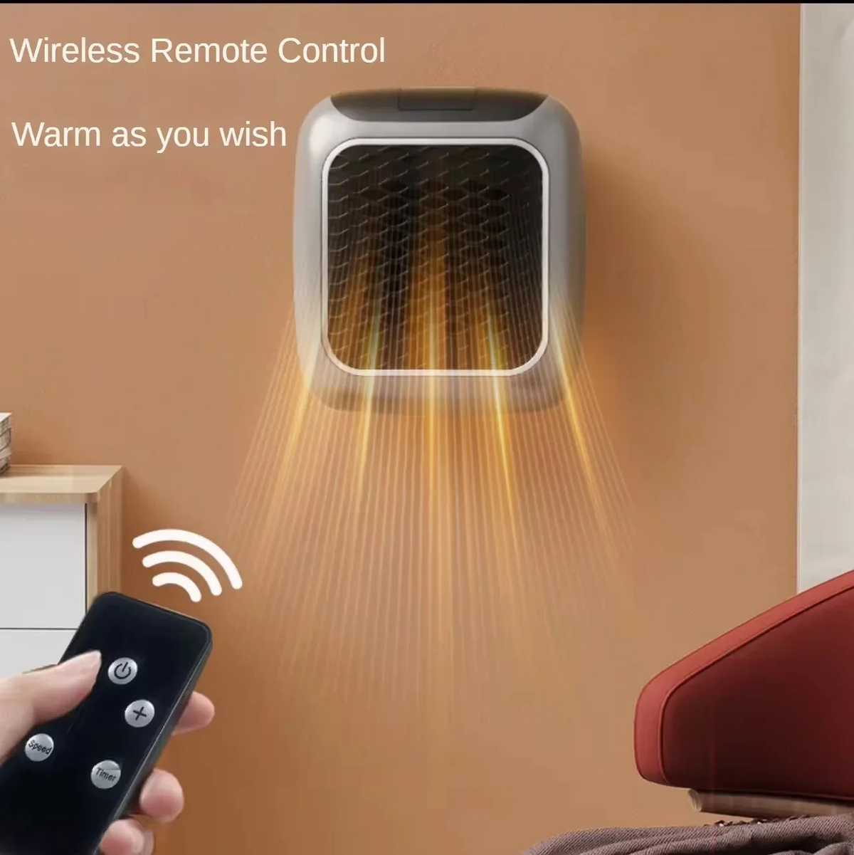 Wall Mounted Ceramic Mini Heater with Wireless Remote and 12 Hour Timer, 800W