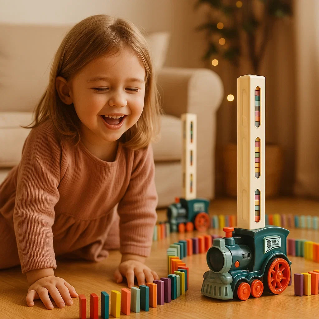 Domino Laying Train Toy in Blue Or Pink Sets with 60 Dominoes and Extra Domino Packs