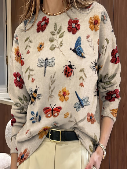 Womens Floral Crewneck Sweater with Botanical Print and Relaxed Fit