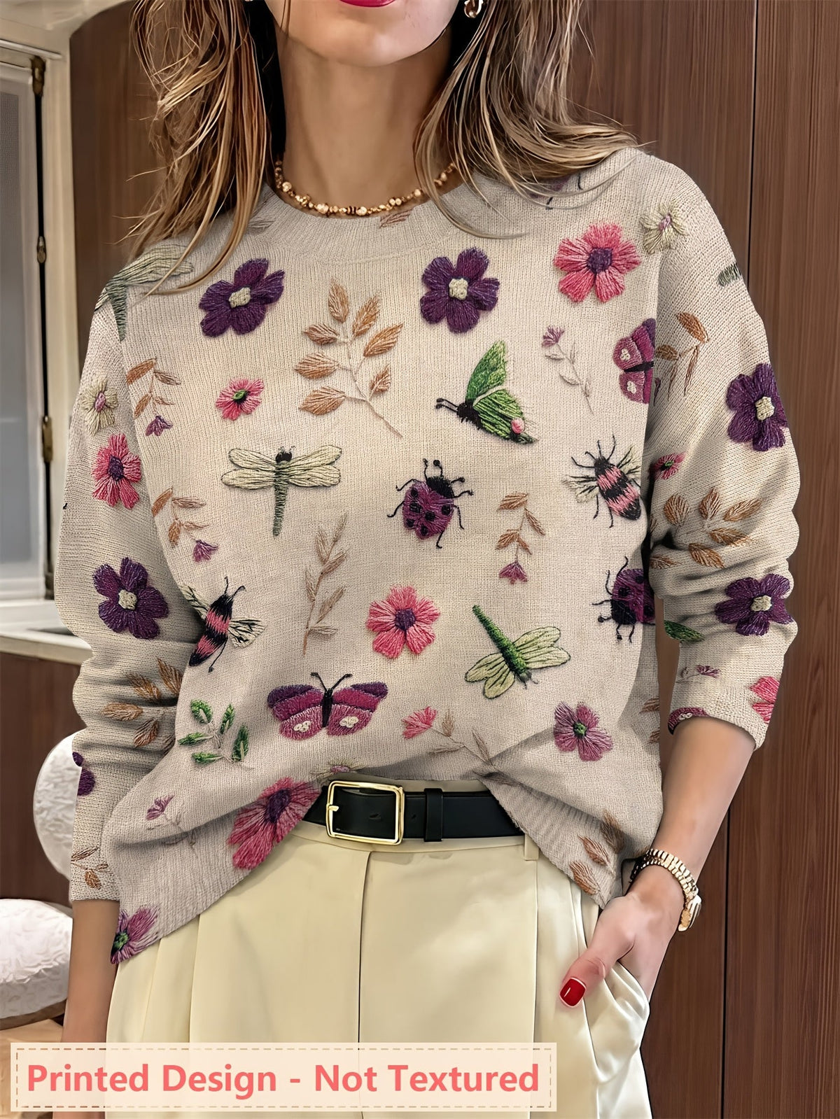 Womens Floral Crewneck Sweater with Botanical Print and Relaxed Fit