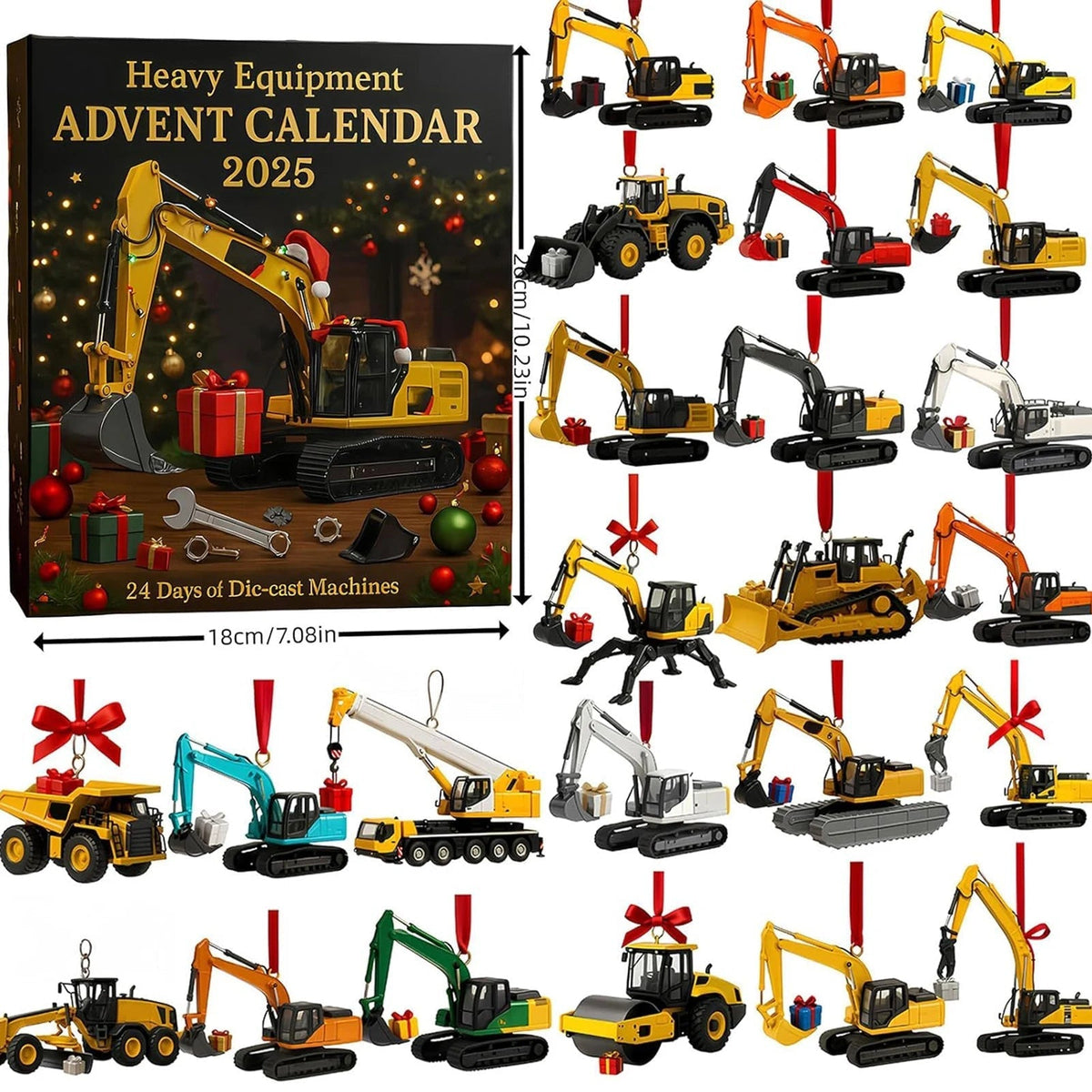 Construction Vehicle Advent Calendar Holding 24 Hang Ready Acrylic Ornaments