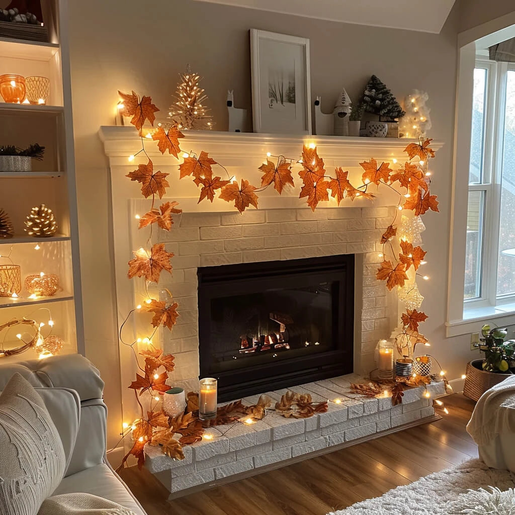 Lit Ornament Garland of 4.9 Feet for Indoor Shelves in Fall Maple, Red Berry, Lemon, Lavender or Cool Maple