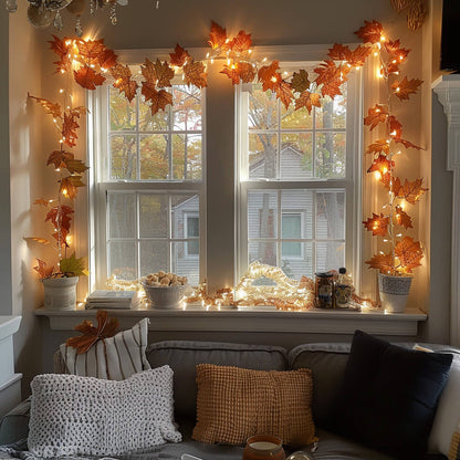 Lit Ornament Garland of 4.9 Feet for Indoor Shelves in Fall Maple, Red Berry, Lemon, Lavender or Cool Maple
