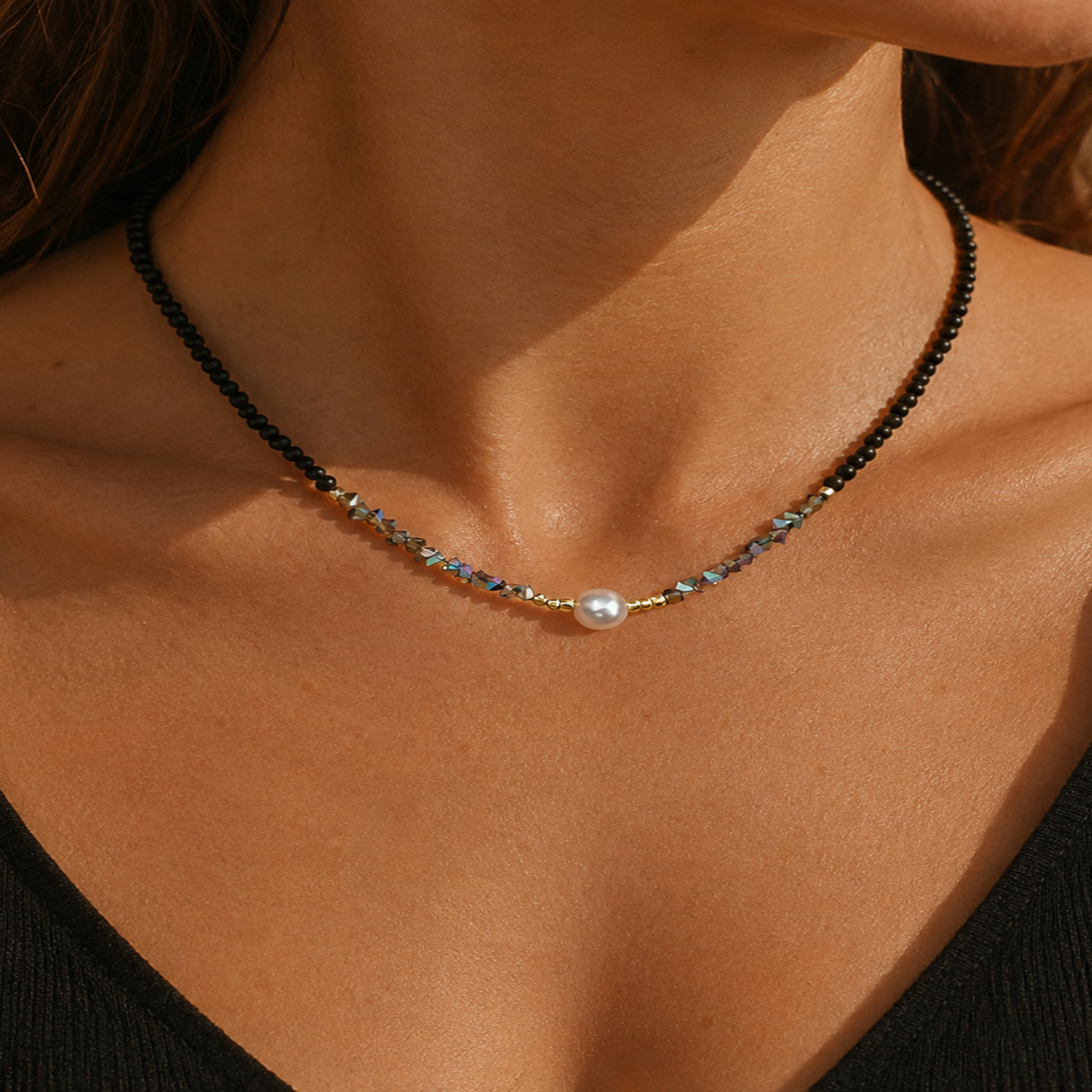 Synthetic Resin Choker Necklace with Pearl Beads