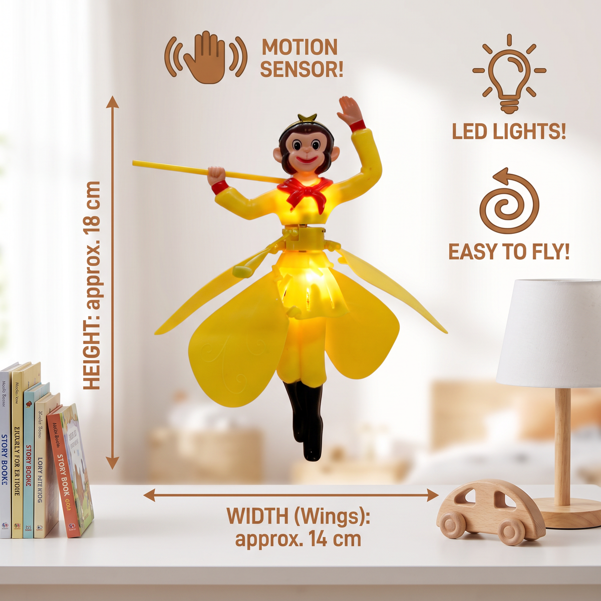 Motion Sensor Flying Monkey Toy with LED Lights and Interactive Hovering
