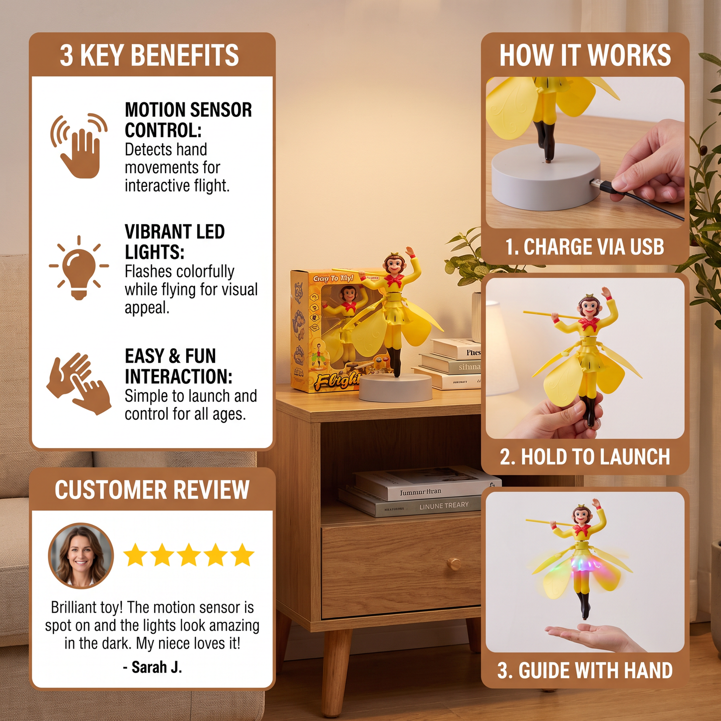Motion Sensor Flying Monkey Toy with LED Lights and Interactive Hovering