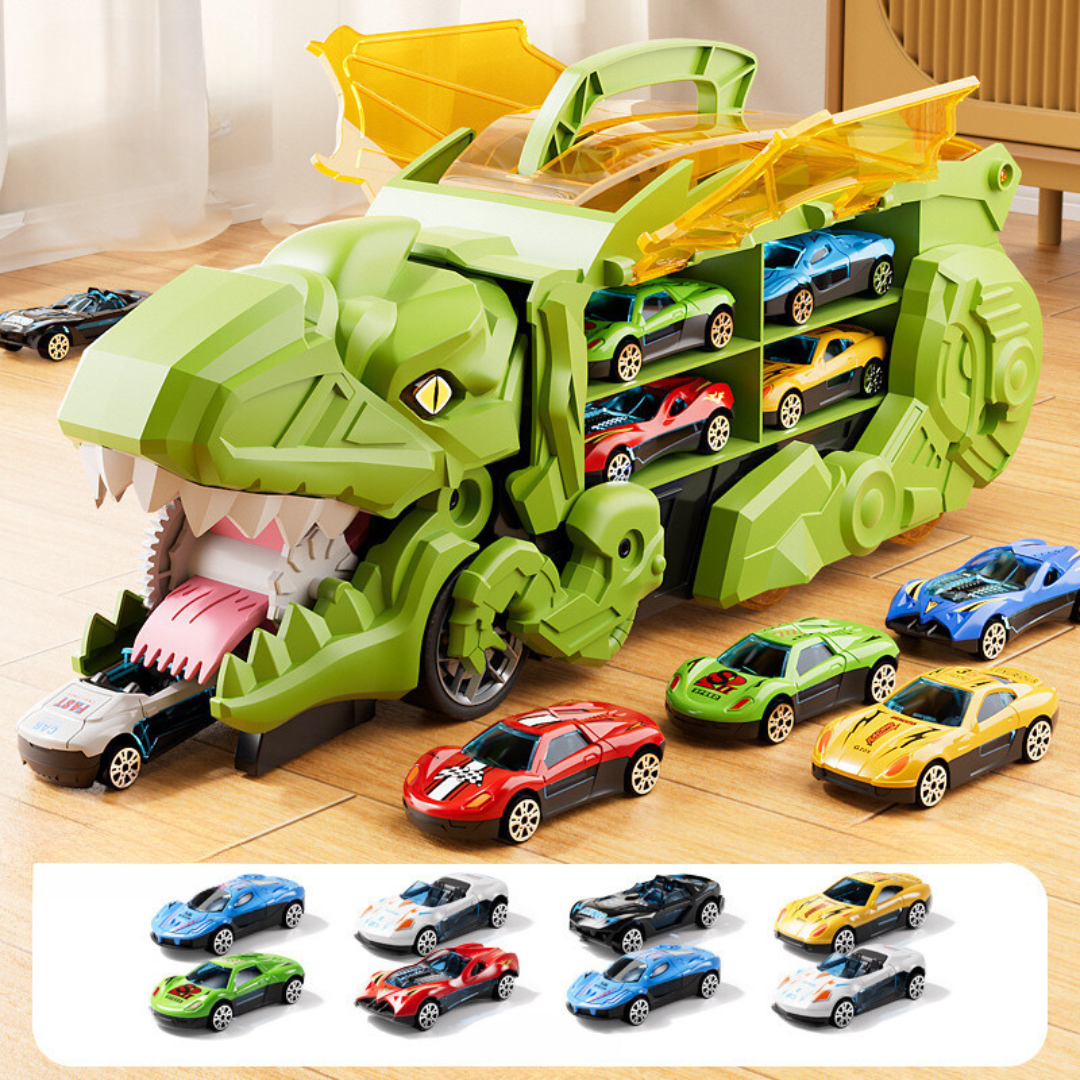 Transforming Dinosaur Truck Toy with Two Cars LED Lights and Carry Handle for Kids