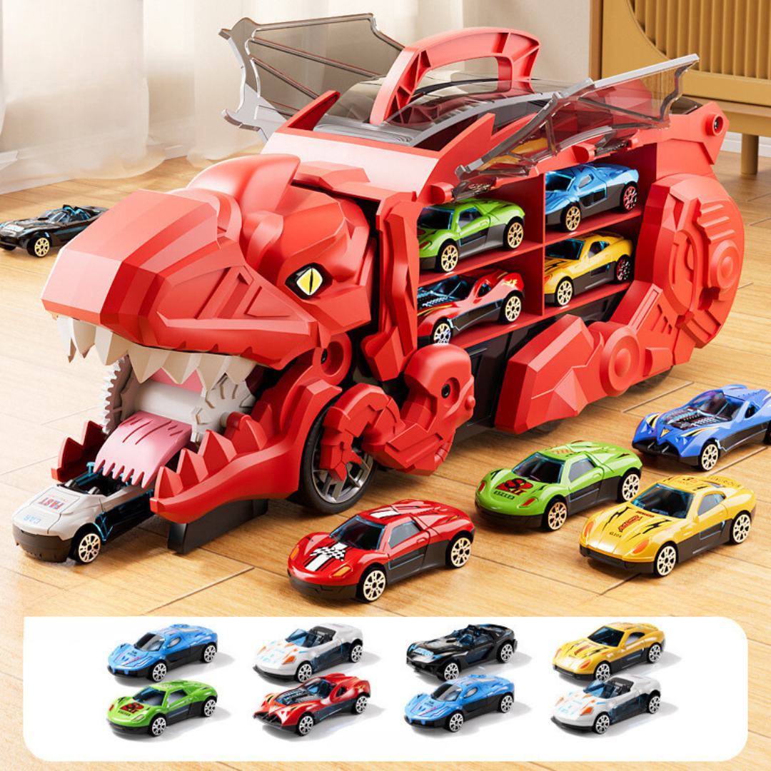 Transforming Dinosaur Truck Toy with Two Cars LED Lights and Carry Handle for Kids